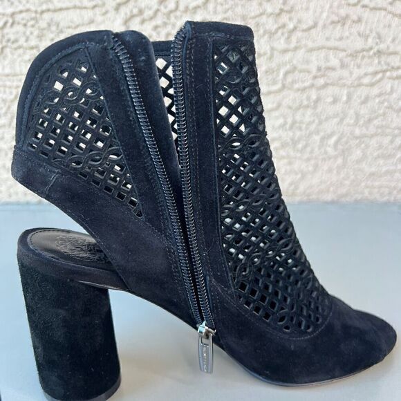 Vince Camuto Gerby Heeled Open Toe Bootie Womens Size 7 Perforated Black Suede - Picture 11 of 13